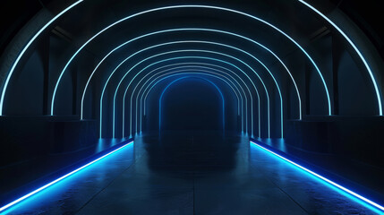 Aufkleber - Enter the fascinating world of a modern. Sleek. And futuristic neon tunnel interior. Featuring captivating blue light. Abstract architectural design. And illuminated geometric lines
