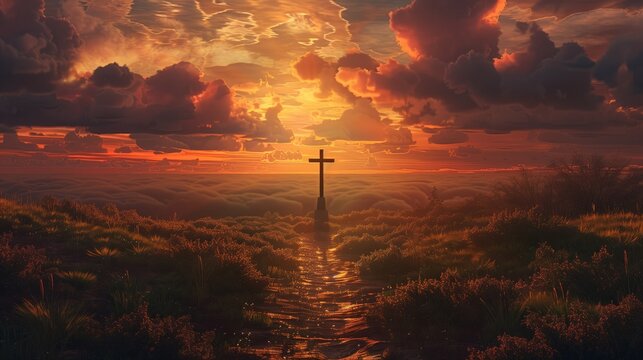 Beautiful landscape with a cross in the background