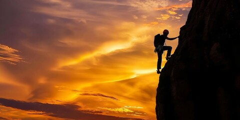 a man is climbing a rock with a sunset in the background. concept of adventure and determination as 