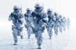 A squad of soldiers moves through the streets, their movements synchronized and precise, like a welloiled machine , 3d vecter graphic, deep white gradient background
