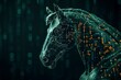 A Trojan horse infiltrating a digital fortress, disguised as harmless code until its too late , deep black background