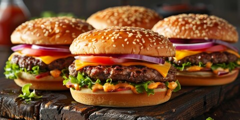 Wall Mural - Four hamburgers with cheese and onions on a wooden table. The hamburgers are all the same size and are sitting next to each other