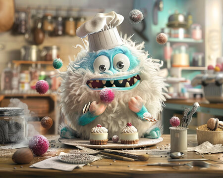 A playful, furry monster chef enthusiastically baking cupcakes in a cozy, rustic kitchen setting, surrounded by colorful baking ingredients.