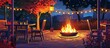 An outdoor fire pit surrounded by seating and tables in a backyard setting