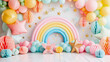 © Na-No Photos - Colorful party background with pastel balloons, stars, paper decorations, and a large rainbow, ideal for a festive celebration.