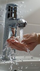 A person is using water and soap to wash their hands in a plumbing fixture, health care and personal hygiene