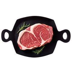 prime beef piece on frying pan, steak black angus,  raw dry aged Rib-Eye roast. Meat slice for grill. Closeup concept for butchery products, presentation, menu, isolated, on transparent background