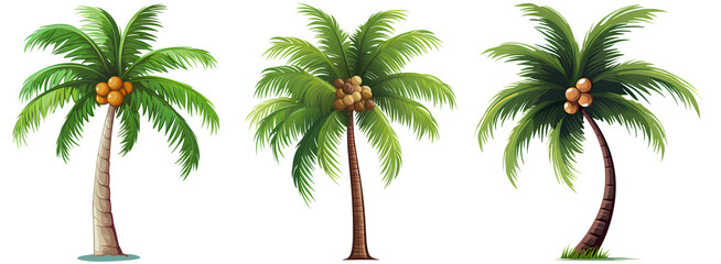 Set of coconut palm tree isolated on white and transparent background