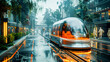Futuristic tram gliding through a misty, urban streetscape lined with greenery and modern architecture, blending technology with eco-friendly design.