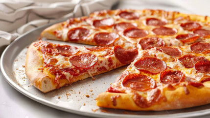 Wall Mural - Delicious pepperoni pizza with gooey melted cheese on a metal platter