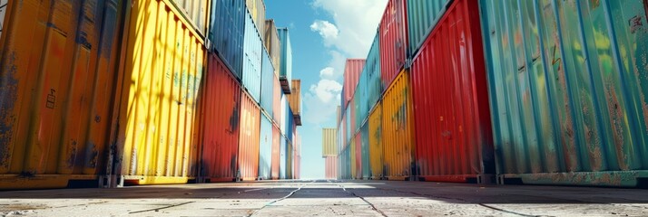 Wall Mural - Row of colored cargo containers on both sides on a sunny day, cargo transportation, banner