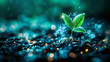 A young plant sprouting from rich soil with water droplets and shimmering lights surrounding it, conveying growth and vitality.