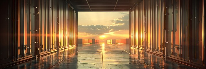 Wall Mural - Row of colored cargo containers on both sides at sunset, cargo transportation, banner