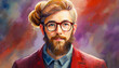 A painting of a man with a beard, hair in a bun, twisted beard, glasses, in the style of red.