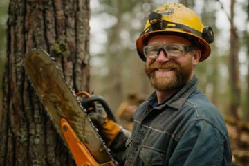 Poster - Male lumberjack woodcutter in safety glasses and a helmet with a saw in his hands against the background of a cut tree