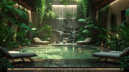 Wall Mural - A pool with a waterfall feature, surrounded by lounge chairs and tropical plants.