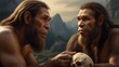 Illustration of Neanderthal Man Holding Neanderthal's Skull
 .Generative AI