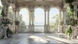 Loggia architectual, beautiful garden with columns and flowers, fence porch green color tree built structure