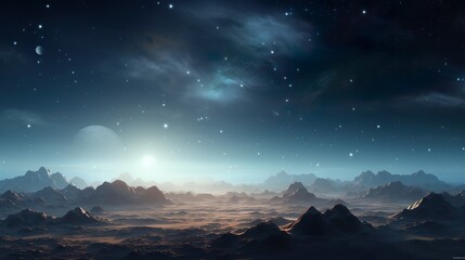 This captivating scene showcases a sunrise over rugged mountains under a vast starry sky, invoking a sense of wonder