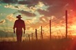 Silhouetted cowboy walking along a fence at sunrise, serene rural scene