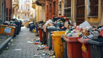 Wall Mural - A row of trash cans and other garbage on a city street, AI