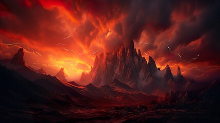 the intense red sky gives an apocalyptic vibe to the rugged mountain landscape, evoking a sense of t