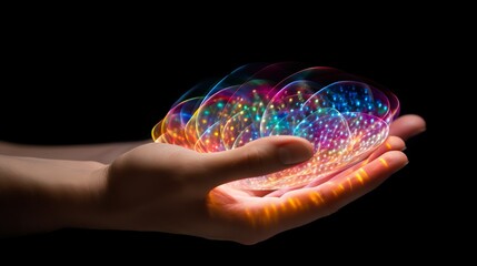 Wall Mural - A human hand appears to hold a dynamic, colorful light structure that floats above it, creating a sense of magic and innovation
