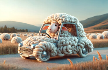 Wall Mural - a sheep character driving a car designed like wool