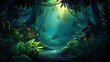 Digital painting depicting a secluded pathway through a dense tropical forest, illuminated by a soft moonlight, inviting mystery and exploration