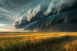 A dramatic storm approaching over a serene prairie, with dark, brooding clouds contrasting against the bright, sunlit grasses. 32k, full ultra hd, high resolution