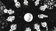 Several faces surround the full moon. Caricature black and white. People are arranged in a circle and look down.