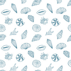 Wall Mural - Seamless pattern, hand drawn contour seashells in pastel colors, Background, print, textile, vector