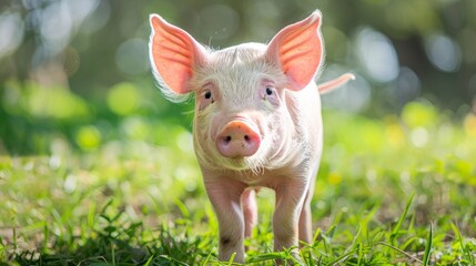 Wall Mural - A pig standing in a field of grass with trees behind it, AI