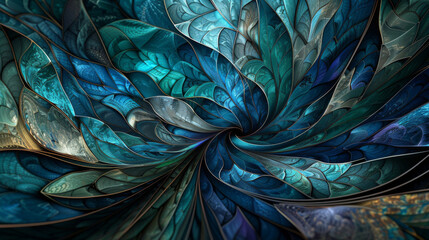 Poster - intricate blue fractal design with a detailed, leaf-like pattern creating a hypnotic visual effect