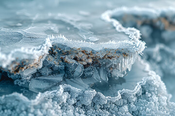 Wall Mural - The crackling of ice as it forms on the surface of a frozen lake, creating intricate patterns of frost. Concept of winter's chill and crystalline beauty. Generative Ai.