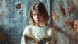 Portrait a smart young girl reading an opened book. AI generated image