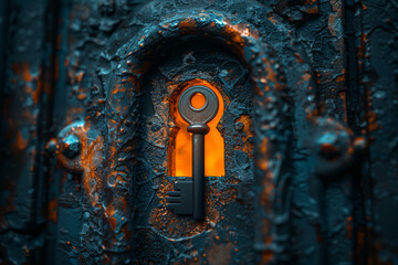 Poster - A key unlocking a mysterious door, symbolizing discovery and opportunity as it opens new pathways and possibilities. Concept of discovery and exploration. Generative Ai.