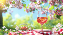 3D Vector Depiction Of A Glass Of Rose Wine, Sunny Spring Picnic Setting, Blooming Trees,