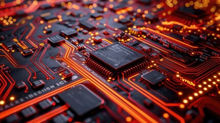 Poster - Background in the form of a microchip board. AI generative.