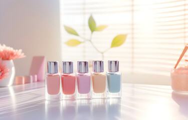 colorful pastel makeup nailpolish on white wooden table soft lig