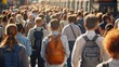 A large group of people walking down a street with backpacks, AI