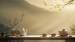 a teapot and cups on a wooden table with tea, with the garden shrouded in mist in the morning in the background.