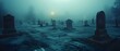 Misty Cemetery Silence: A Minimalist Nocturne. Concept Cemetery Photography, Misty Evening, Minimalist Art, Nocturnal Silence, Eerie Atmosphere