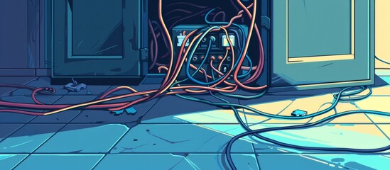 Poster - Cluster of tangled wires laying on the floor, forming a chaotic arrangement in close proximity