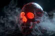 Neon Wireframe Skull With Glowing Red Eyes Floating In Misty Graveyard Isotated On Black Background.