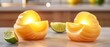   Two fruits resting on a counter with limes nearby and a sliced lime visible