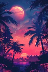 Wall Mural - Illustration of a tropical background with sunset or dawn in neon light in retro style. Palm trees and the sun