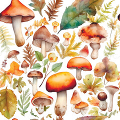 Wall Mural - Hand drawn watercolor mushrooms and autumn leaves seamless pattern. Autumn vector background. Drawing painted fall leaves, mushrooms ornaments. Endless texture. For fabric, wallpapers, cards, prints