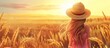 Standing gracefully amidst the golden wheat, a lady in a stylish straw hat enjoys the serene beauty of the vast field