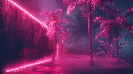 Wall Mural - Illustration of a tropical background in neon light in retro style